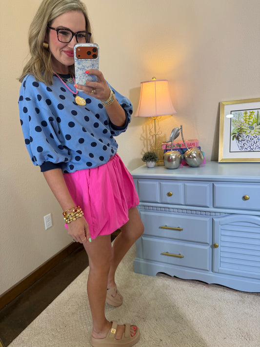 Blue Round Neck Bubble Sleeve Polka Dot Sweatshirt