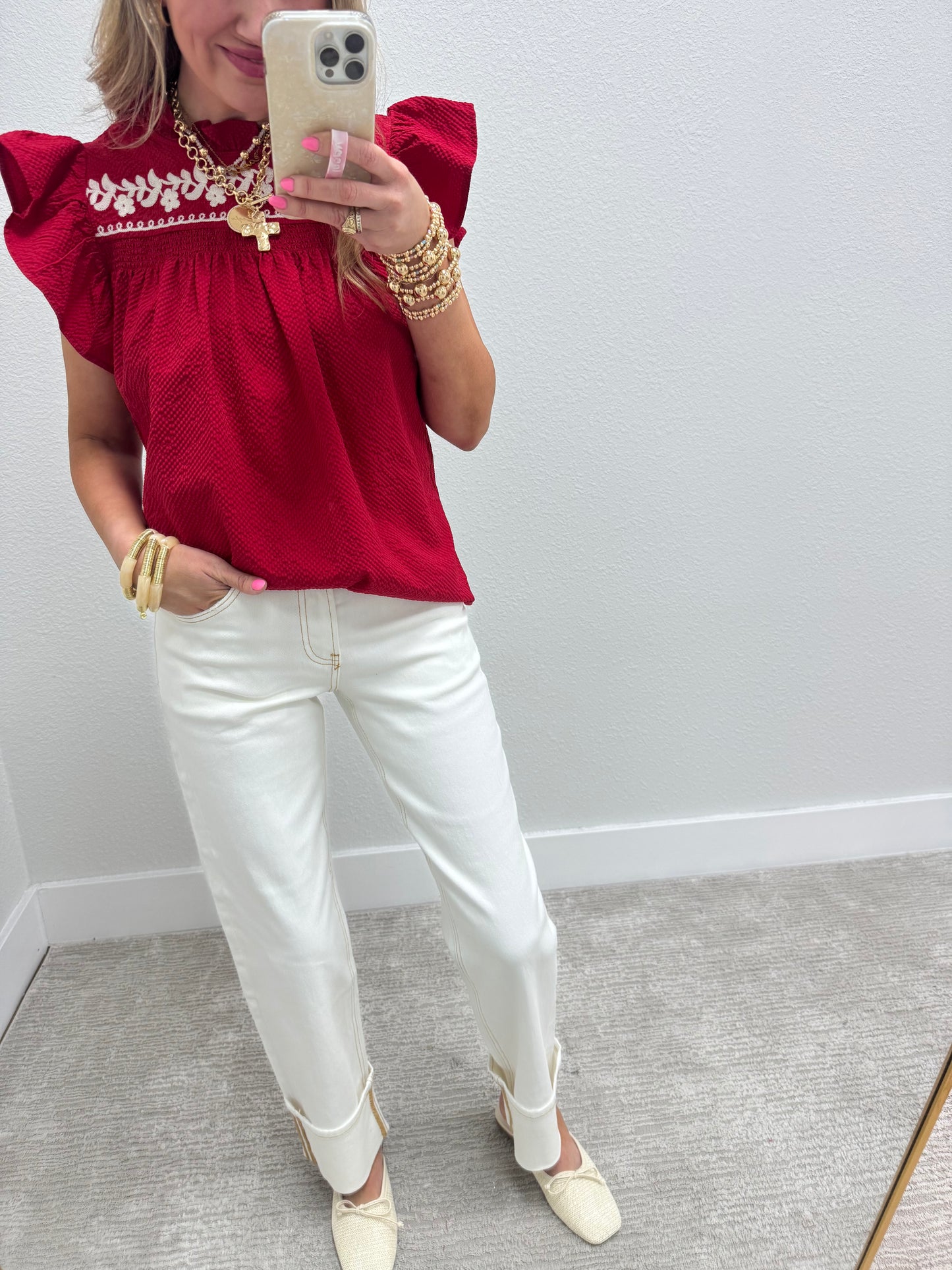 Cream Straight Leg Cuffed Denim