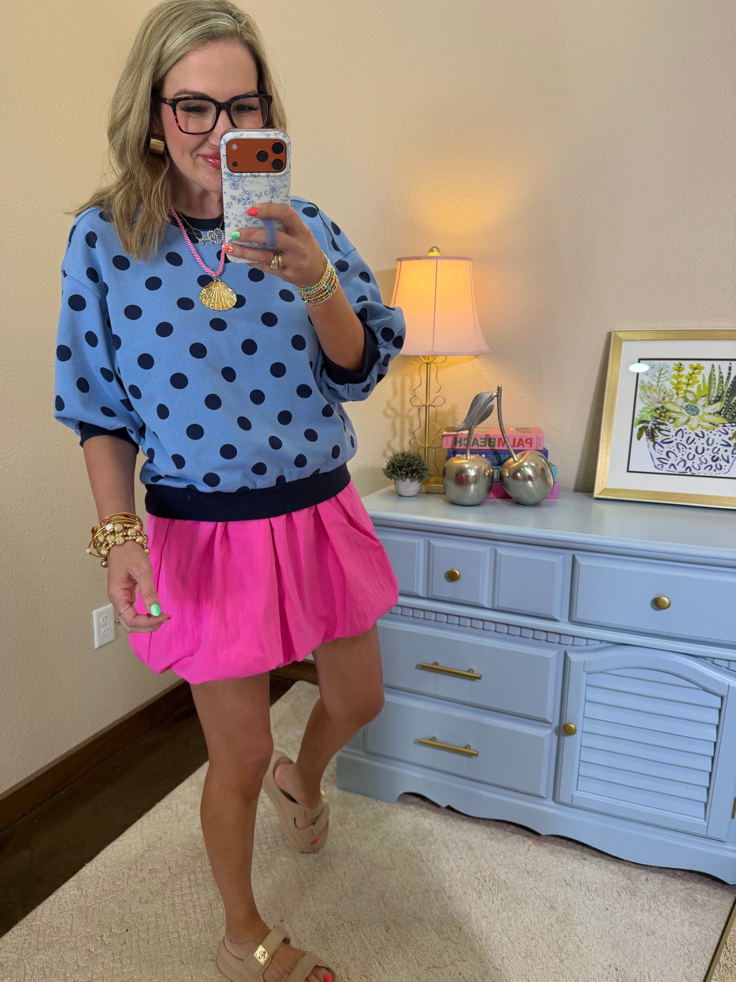 Blue Round Neck Bubble Sleeve Polka Dot Sweatshirt