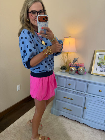 Blue Round Neck Bubble Sleeve Polka Dot Sweatshirt