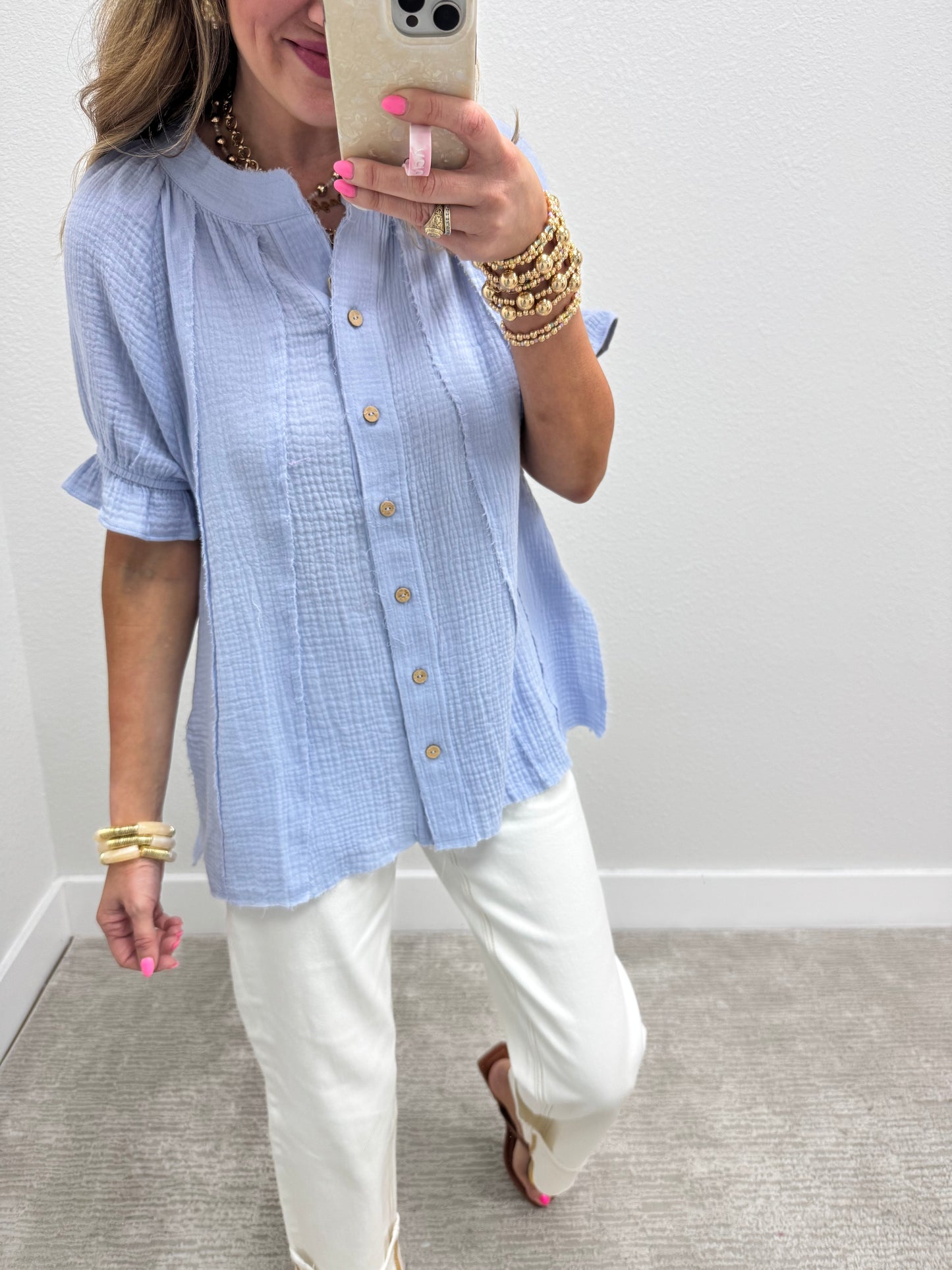 Blue Gauze Button Pleated Top