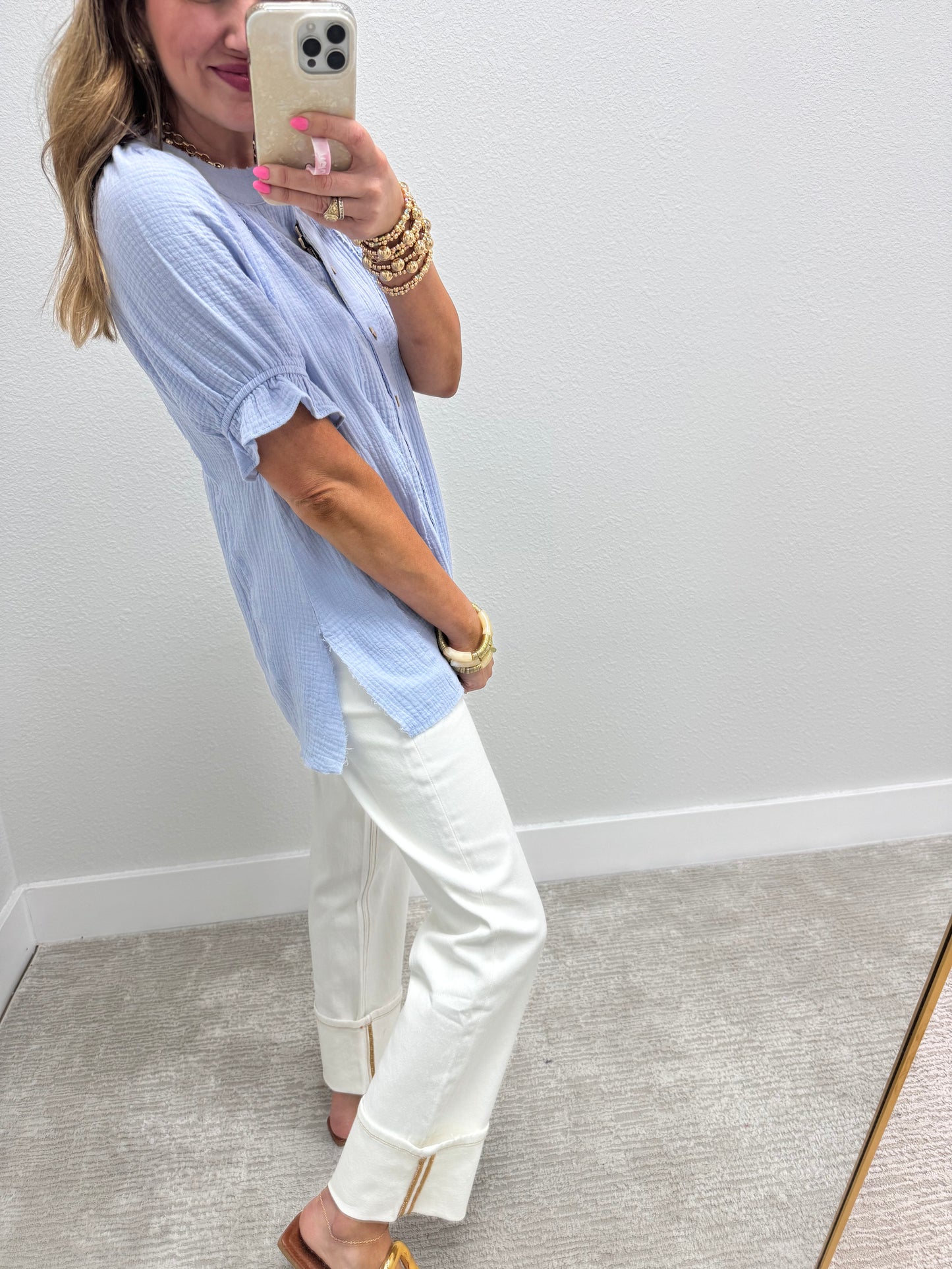 Blue Gauze Button Pleated Top