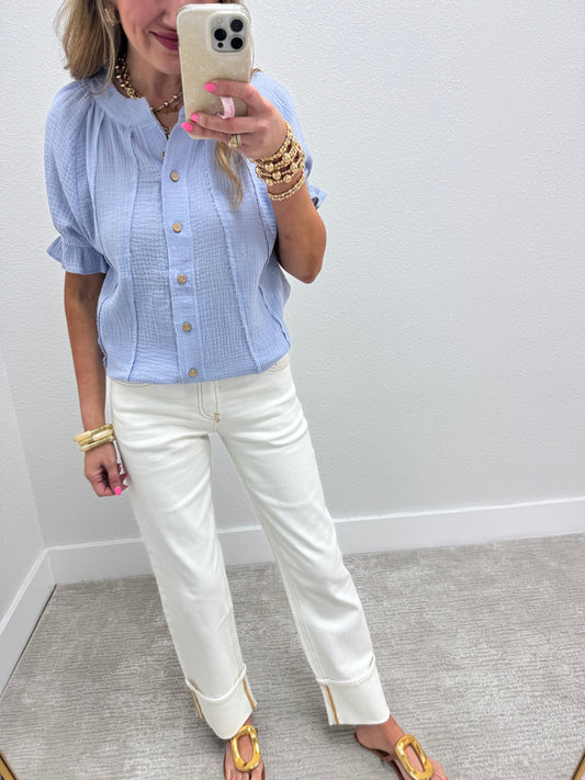 Blue Gauze Button Pleated Top