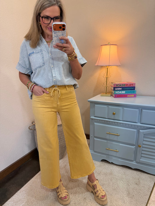 VERVET Marigold High Rise Drawstring Color Crop Wide Leg Jeans