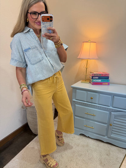 VERVET Marigold High Rise Drawstring Color Crop Wide Leg Jeans