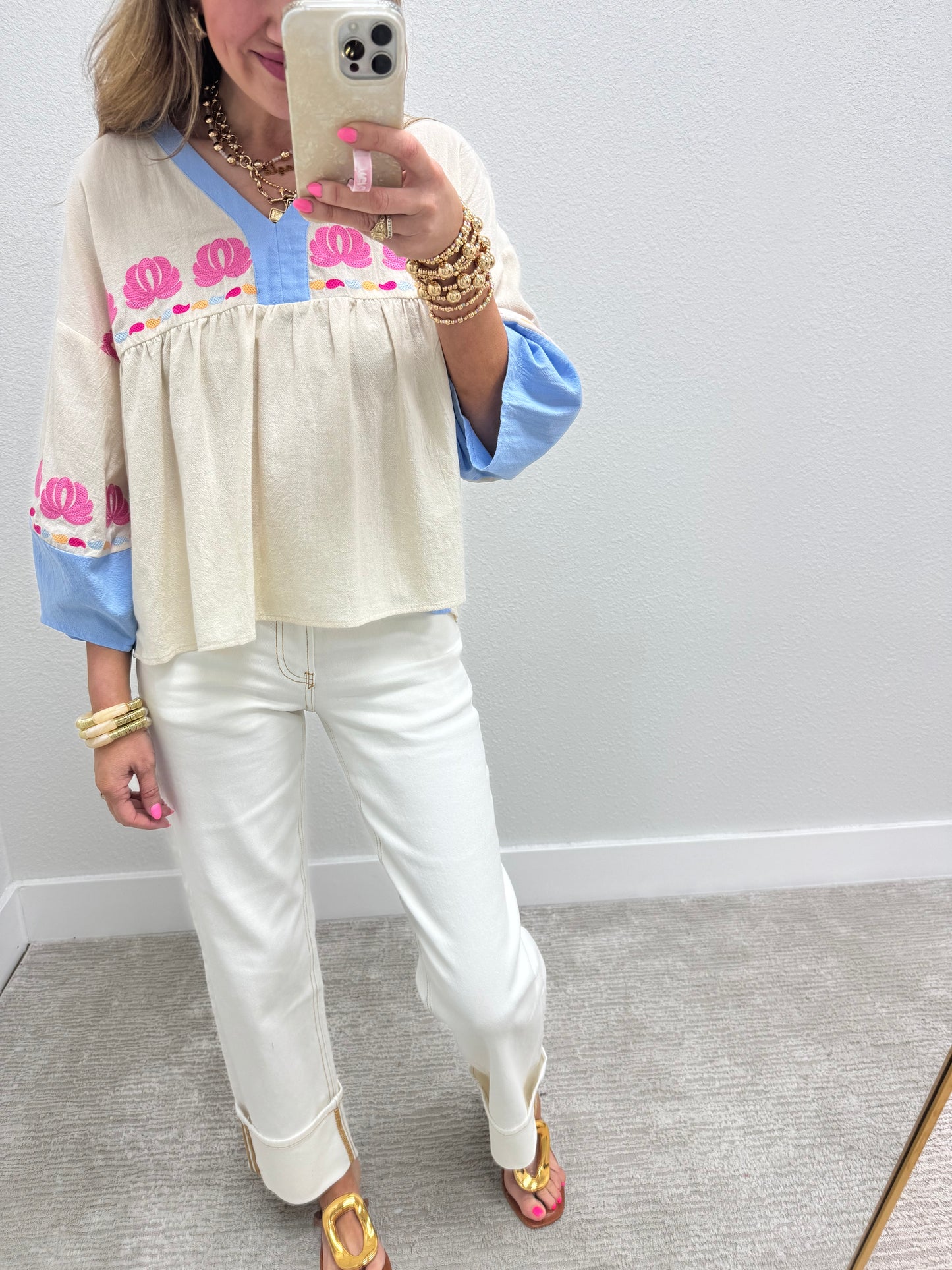 Ivory and Blue Embroidered 3/4 Sleeve Top