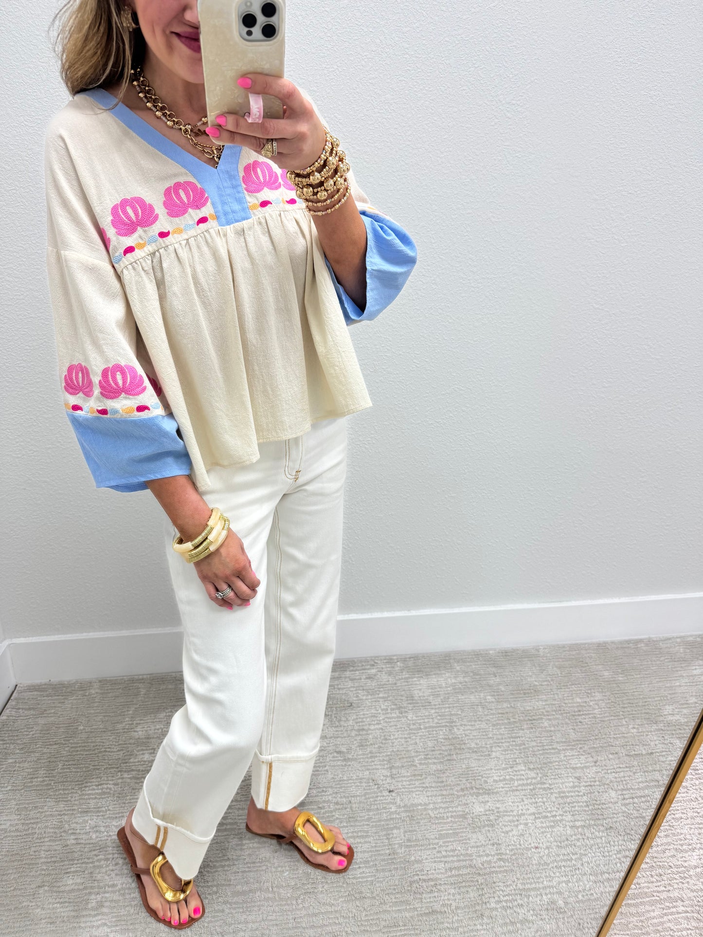 Ivory and Blue Embroidered 3/4 Sleeve Top