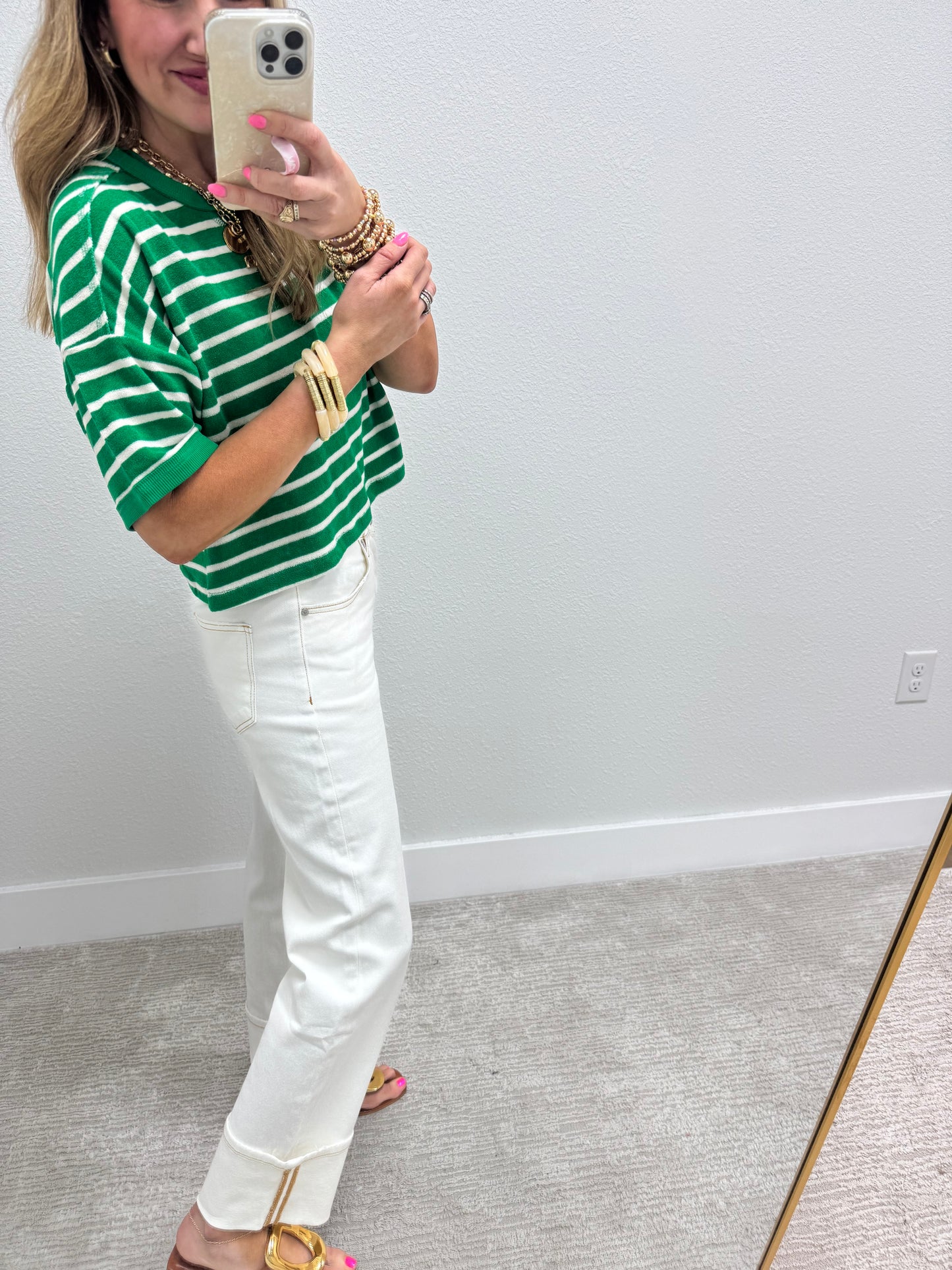 Kelly Green and Cream Striped French Terry Top