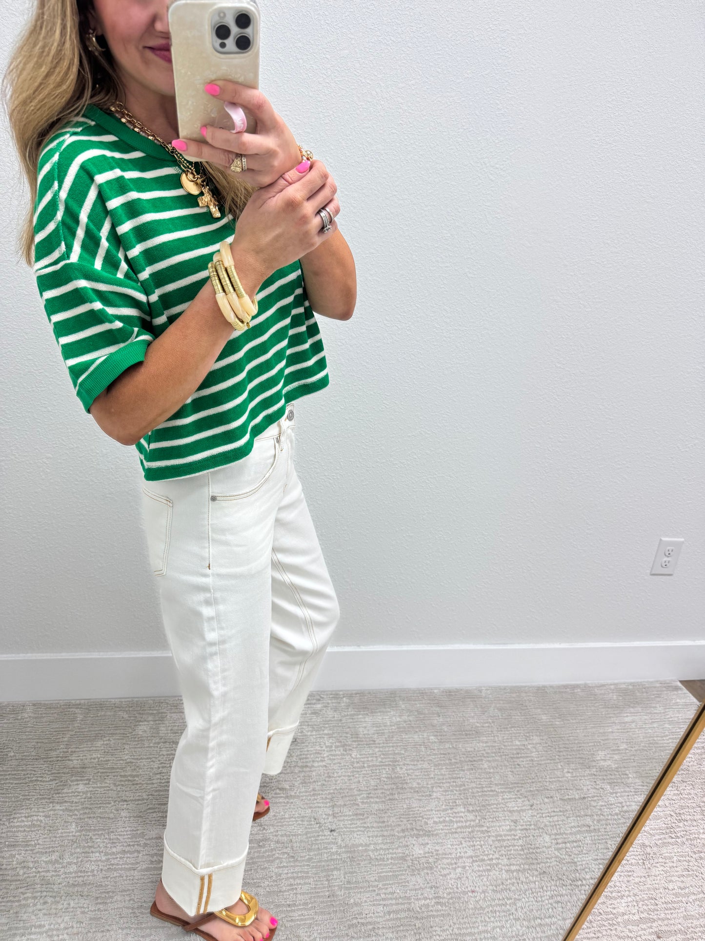 Kelly Green and Cream Striped French Terry Top