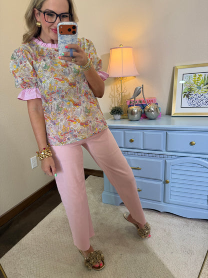 Pink Pinstripe Trim Floral Embroidered Print Top