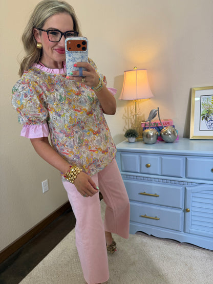 Pink Pinstripe Trim Floral Embroidered Print Top