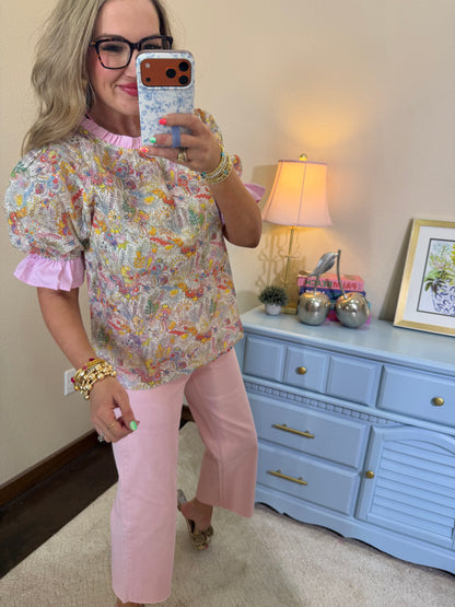 Pink Pinstripe Trim Floral Embroidered Print Top