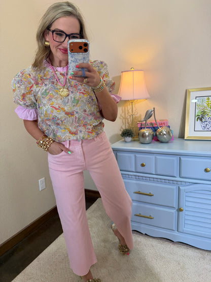 Pink Pinstripe Trim Floral Embroidered Print Top