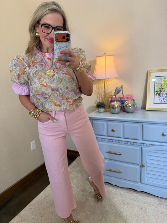 Vervet Light Pink High Rise Crop Wide Leg Jeans