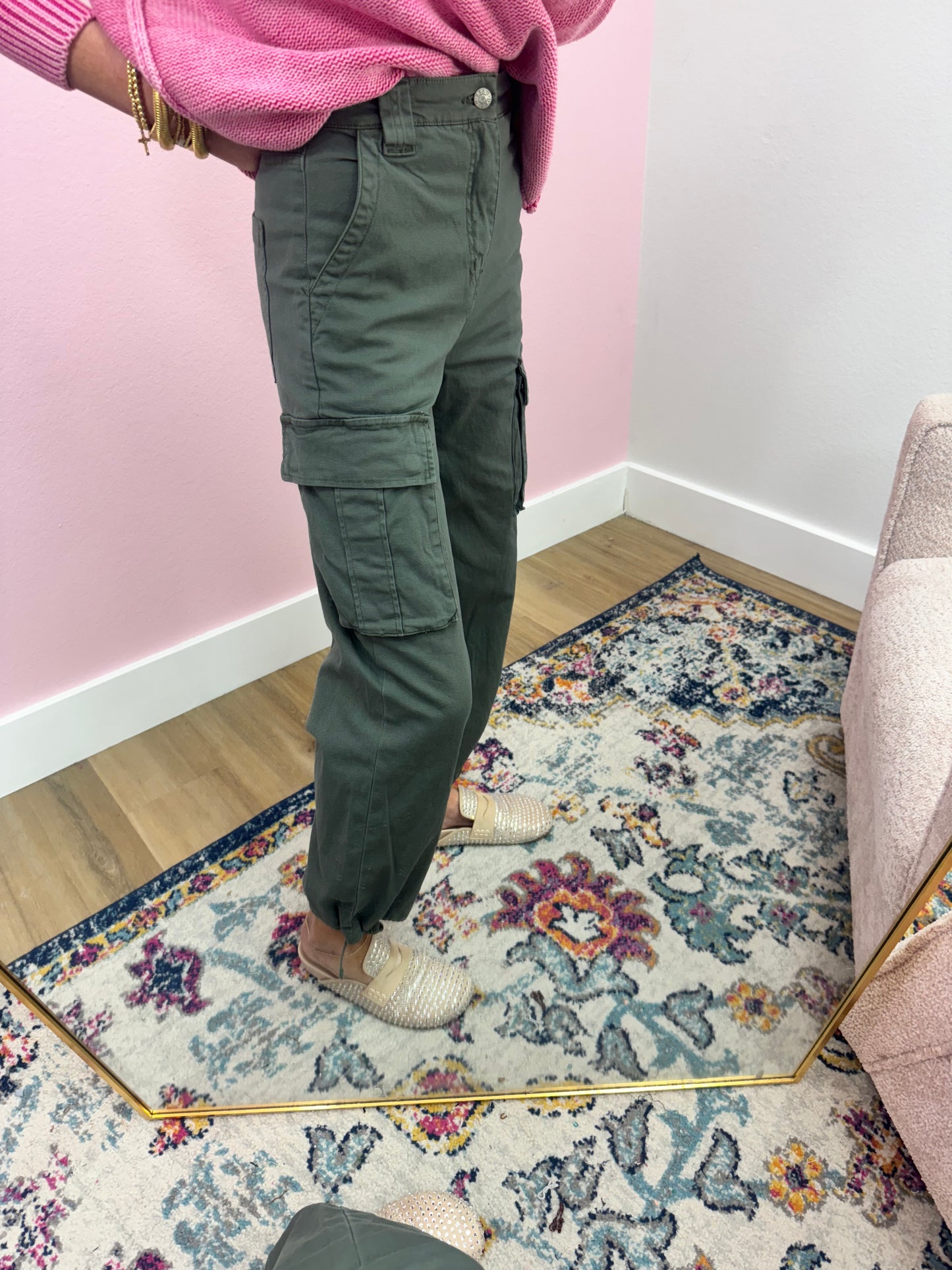 Daze Olive Cargo Tie Bottom Jeans FS