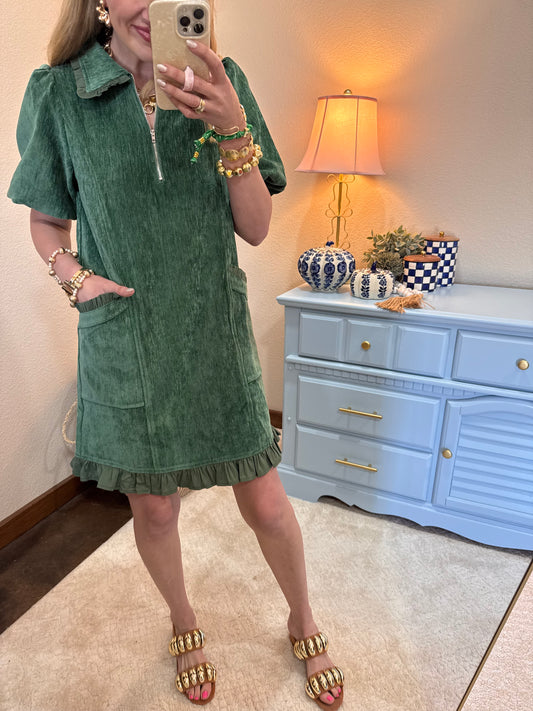 Hunter Green Quarter Zip Ruffle Pocket Dress
