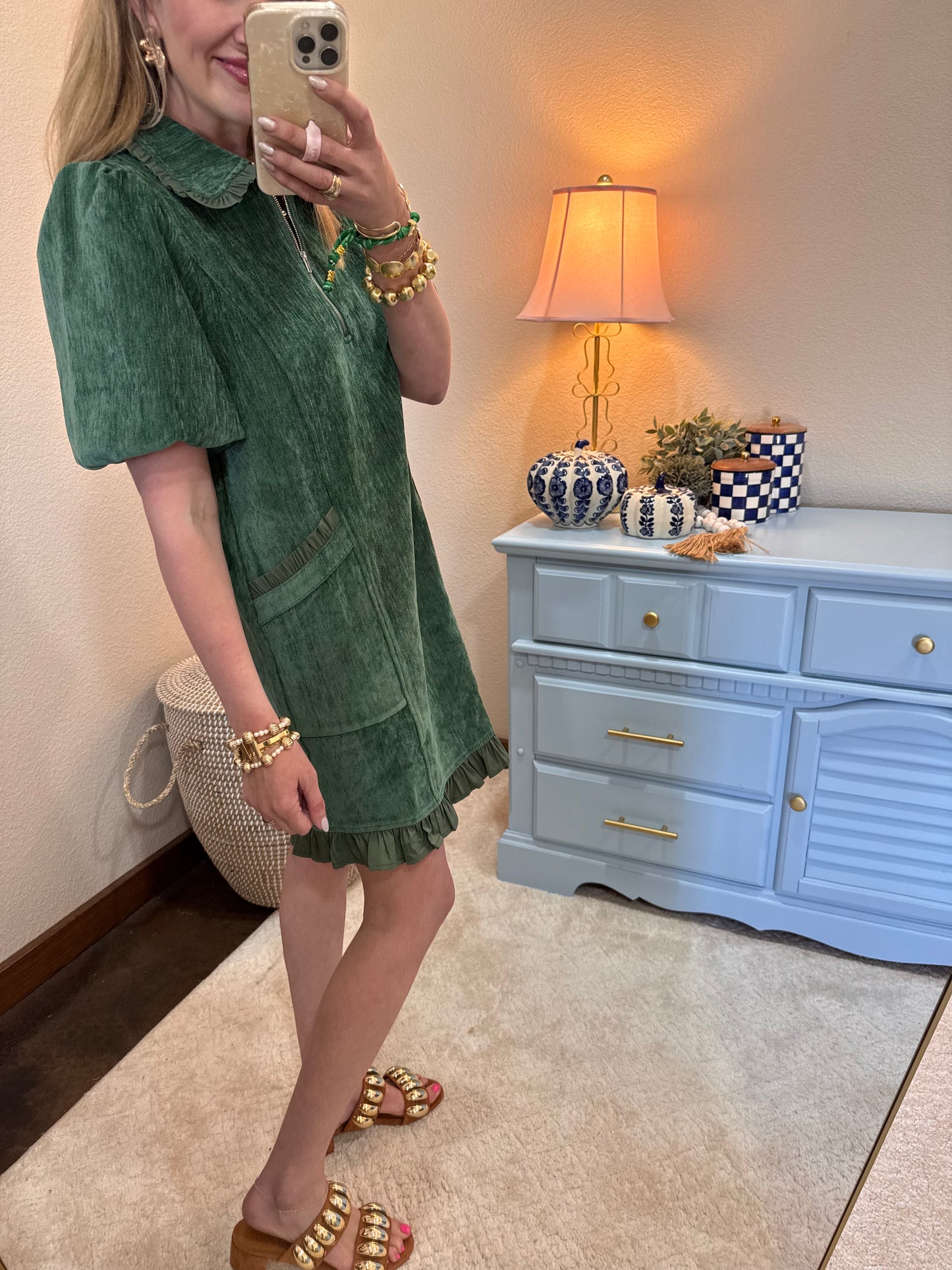 Hunter Green Quarter Zip Ruffle Pocket Dress
