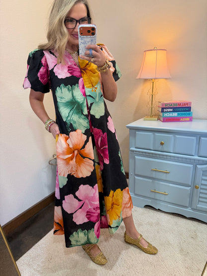 Black Floral Collar V-neck Pleated Midi Dress