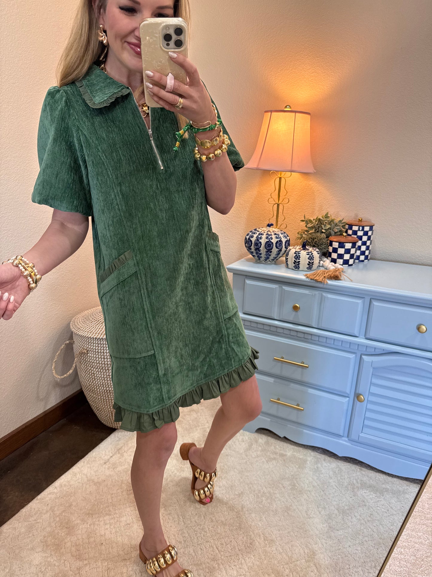 Hunter Green Quarter Zip Ruffle Pocket Dress