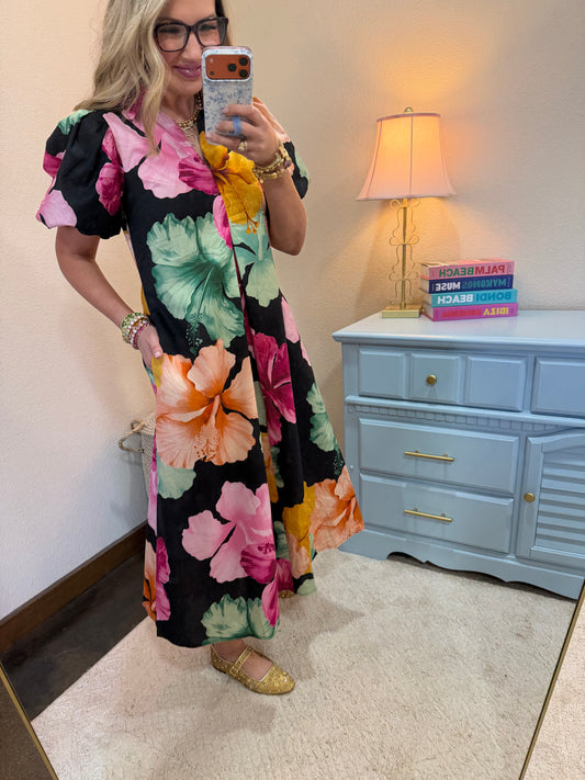 Black Floral Collar V-neck Pleated Midi Dress