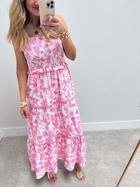 Pink and White Floral Midi Dress