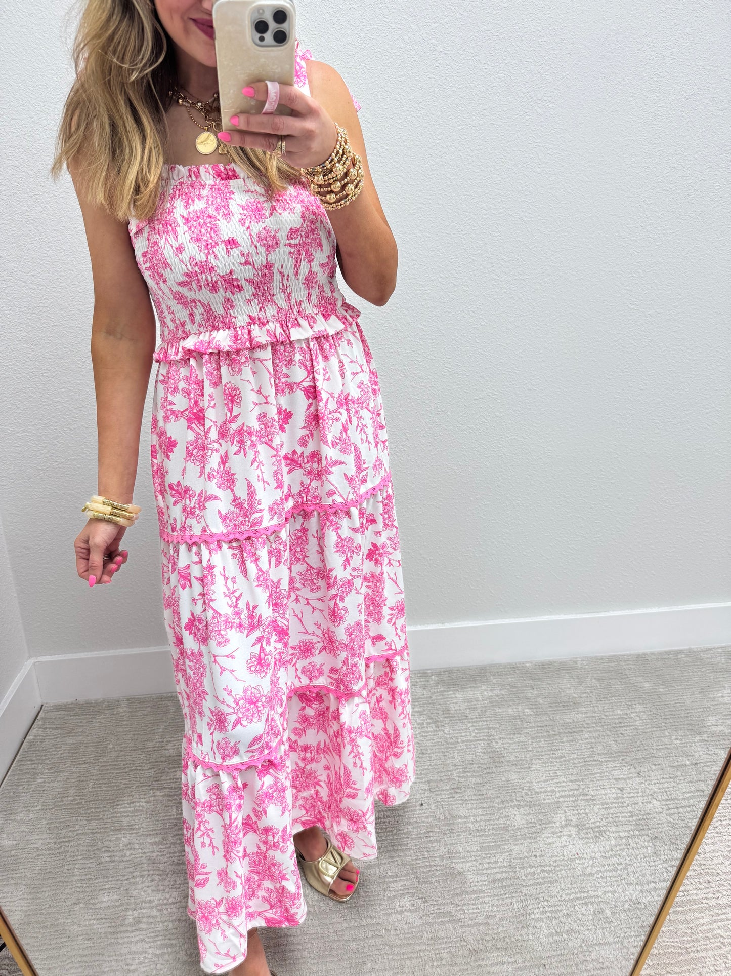 Pink and White Floral Midi Dress