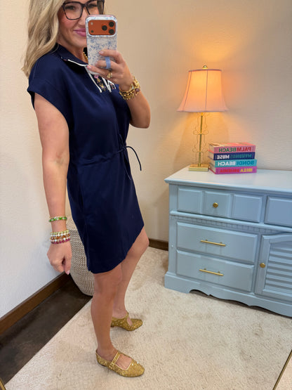 Navy Scuba Dolman Sleeve with Front Trim Zip Dress FS