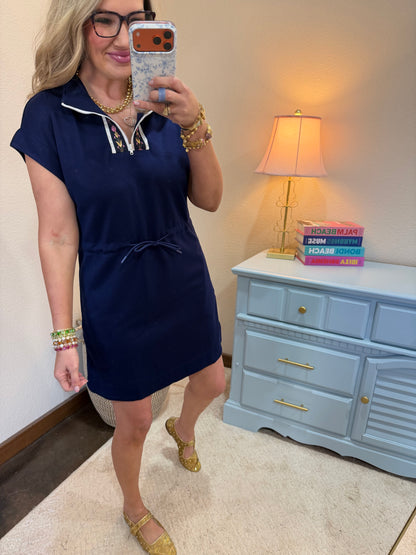 Navy Scuba Dolman Sleeve with Front Trim Zip Dress FS