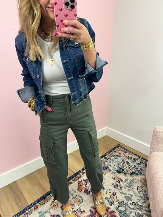 Daze Olive Cargo Tie Bottom Jeans FS