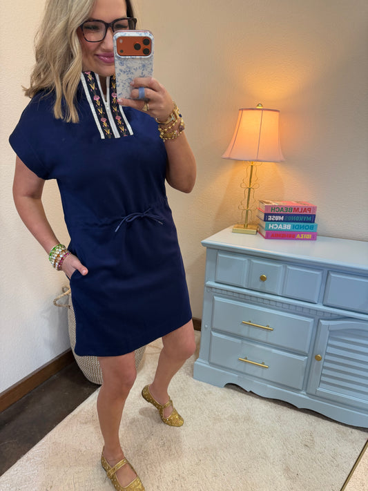 Navy Scuba Dolman Sleeve with Front Trim Zip Dress