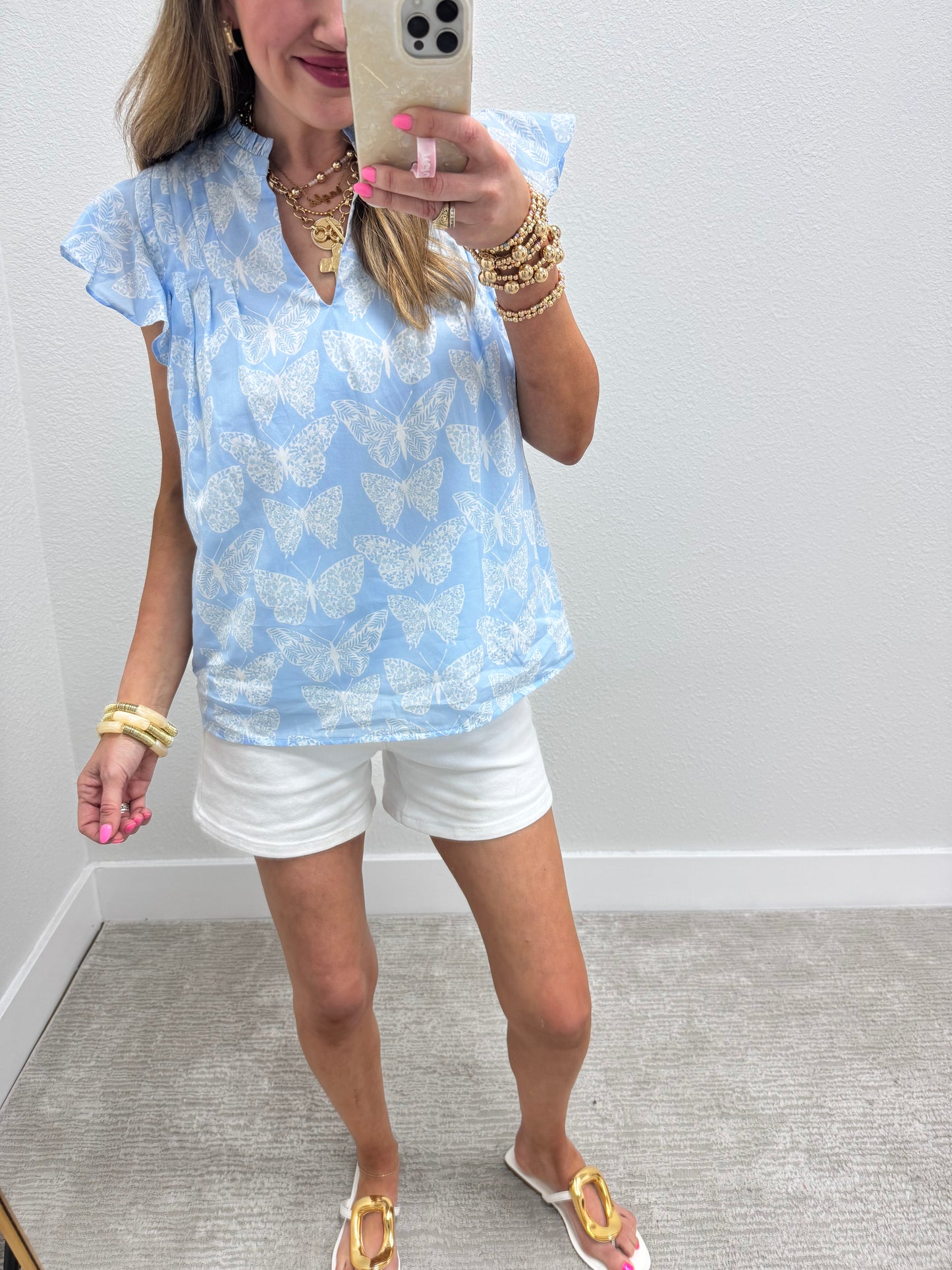 Blue and Cream Butterfly Print Top