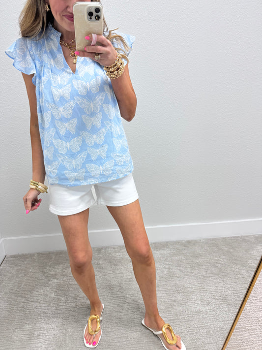 Blue and Cream Butterfly Print Top