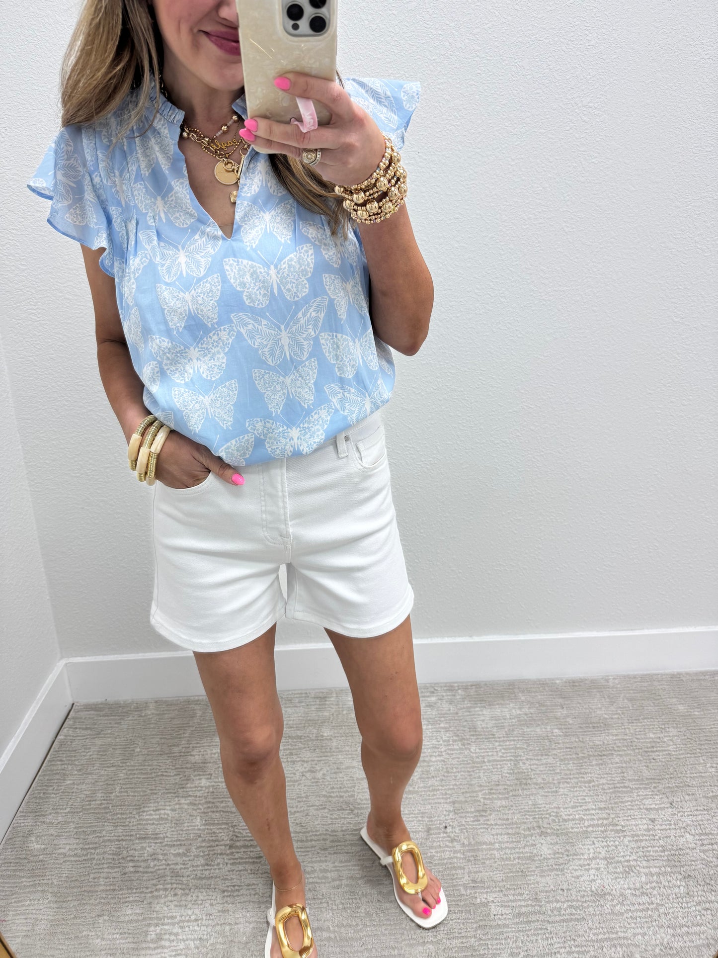 Blue and Cream Butterfly Print Top