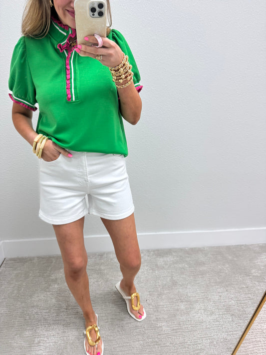 Green Ruffle Trim Puff Sleeve Polo Top