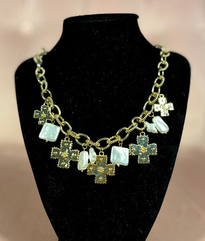 Cross & Freshwater Pearl Charm Necklace (Gold & Silver)