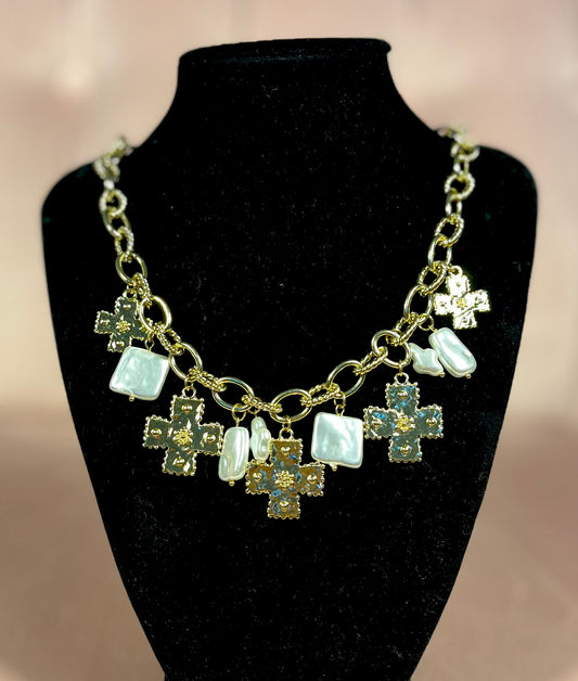 Cross & Freshwater Pearl Charm Necklace (Gold & Silver)