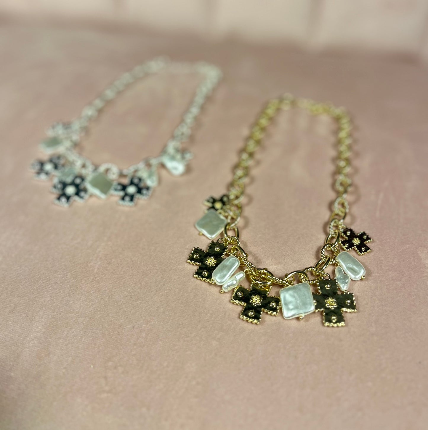 Cross & Freshwater Pearl Charm Necklace (Gold & Silver)