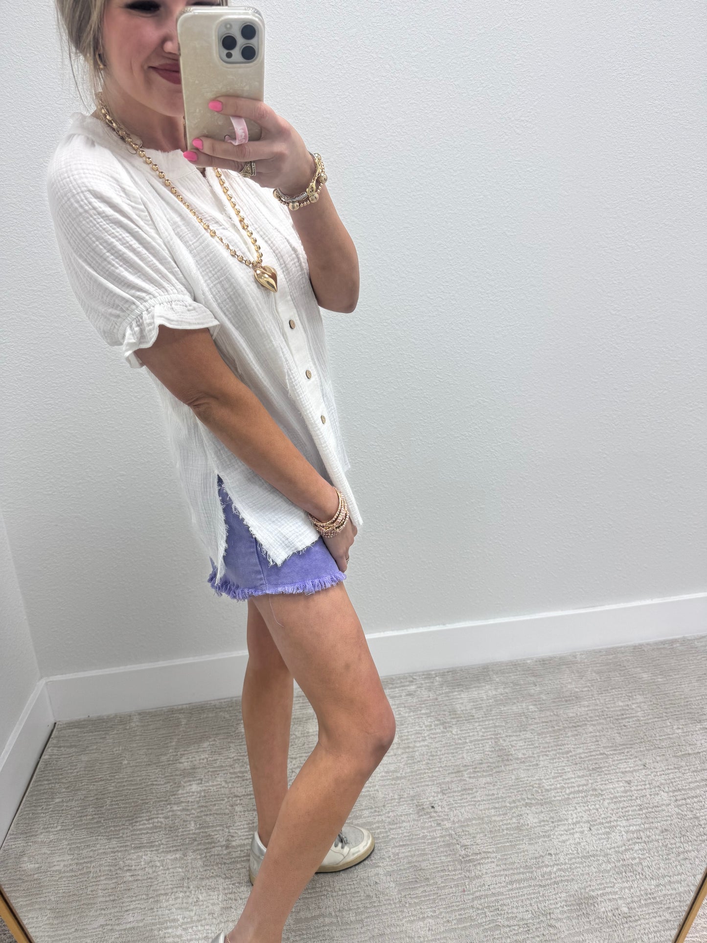 White Gauze Button Pleated Top FS