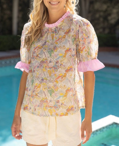 Pink Pinstripe Trim Floral Embroidered Print Top