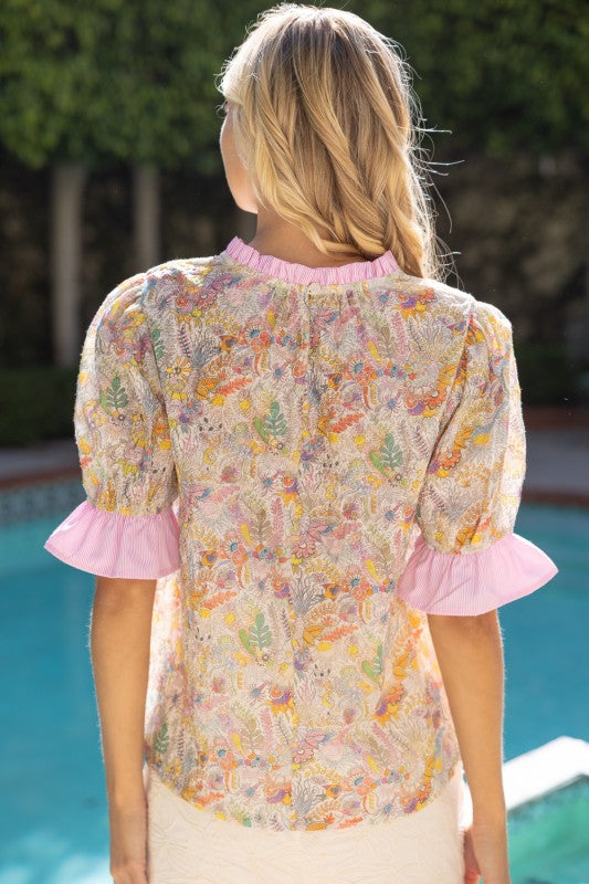 Pink Pinstripe Trim Floral Embroidered Print Top