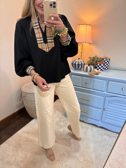 Black Scuba Plaid Detail Front Top