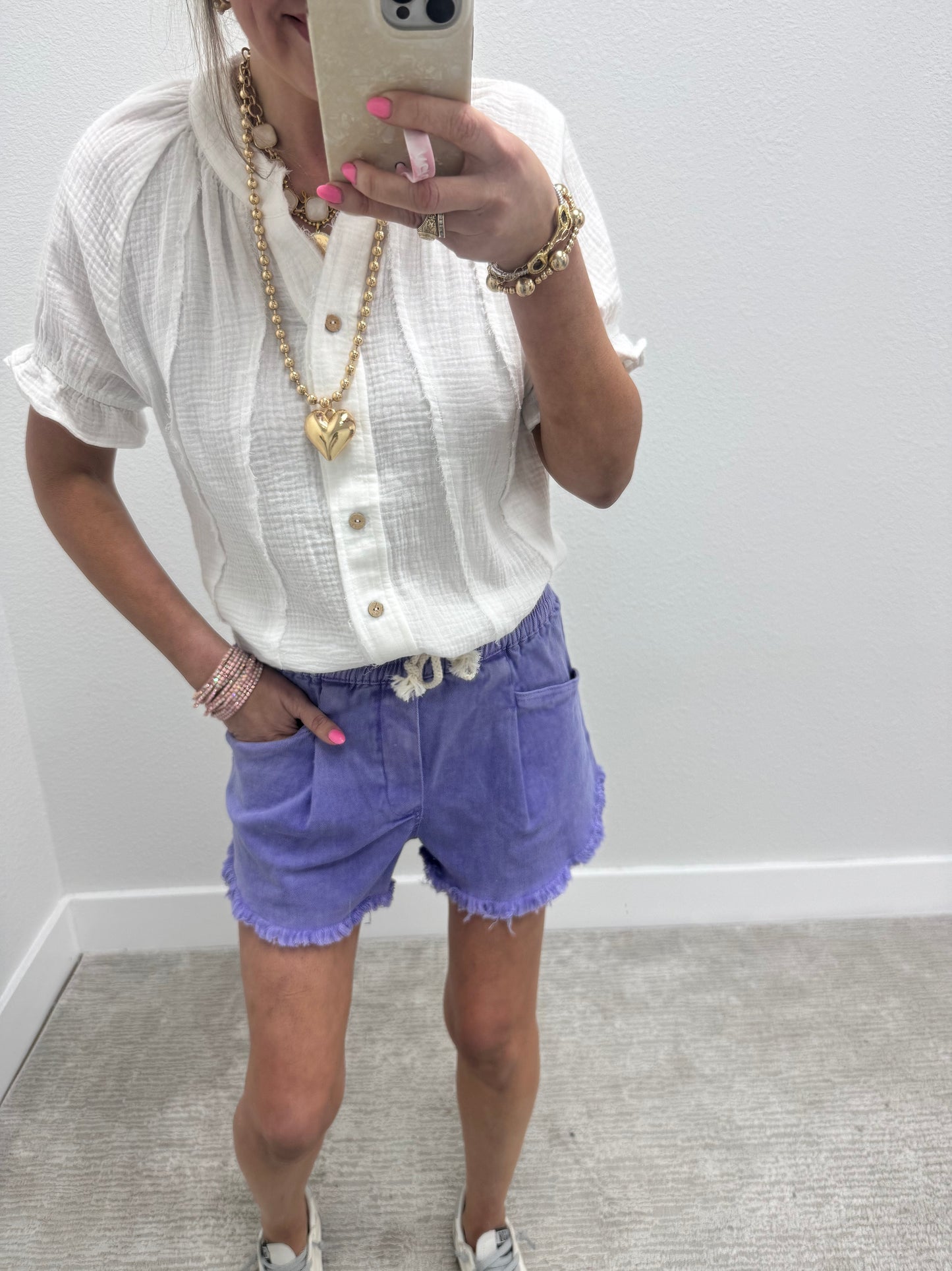 White Gauze Button Pleated Top FS