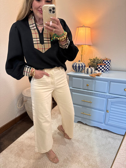 Black Scuba Plaid Detail Front Top