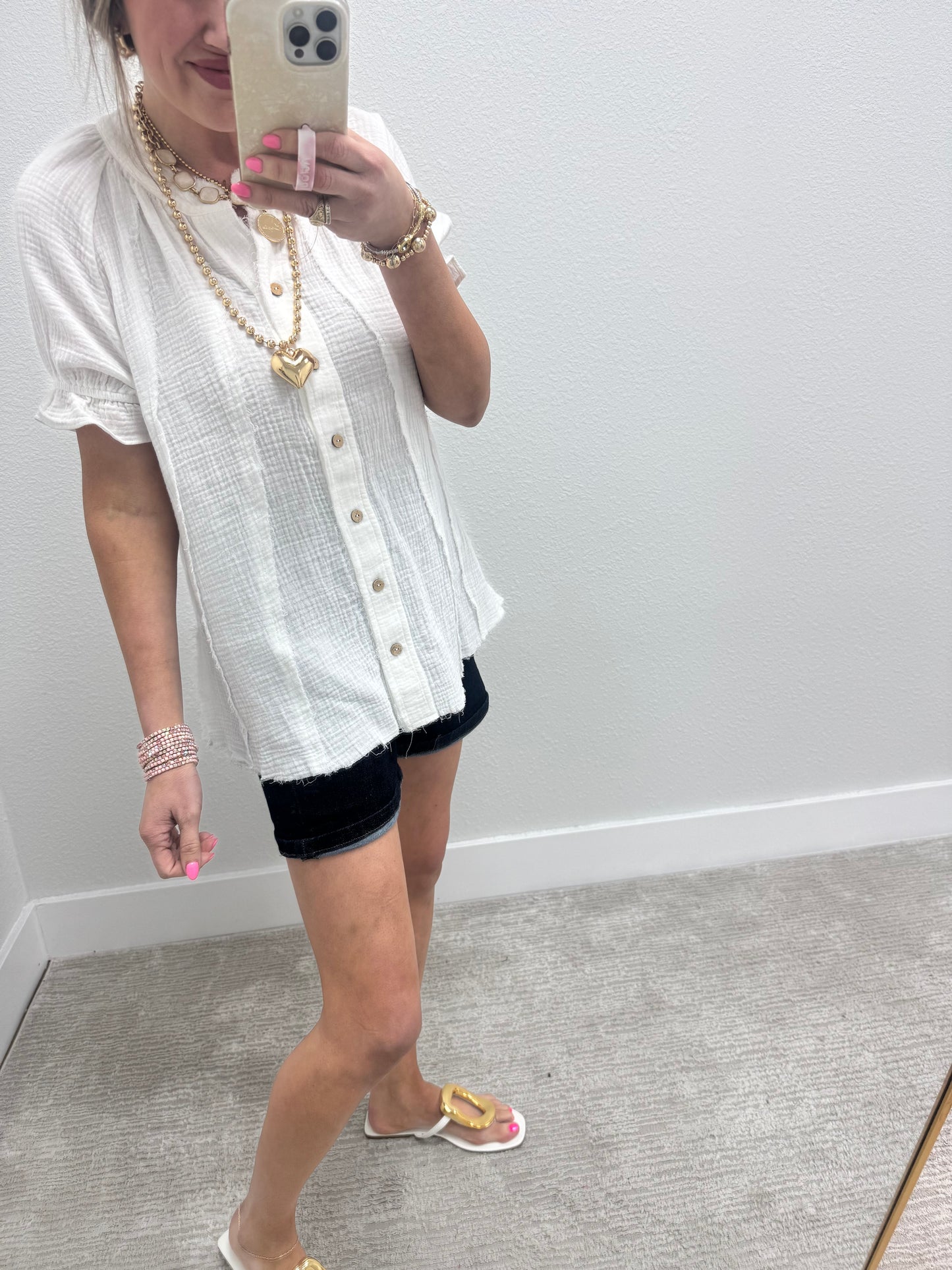 White Gauze Button Pleated Top FS
