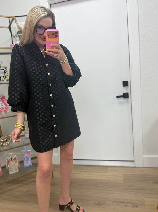 Black Button Down Metallic Polka Dot Dress