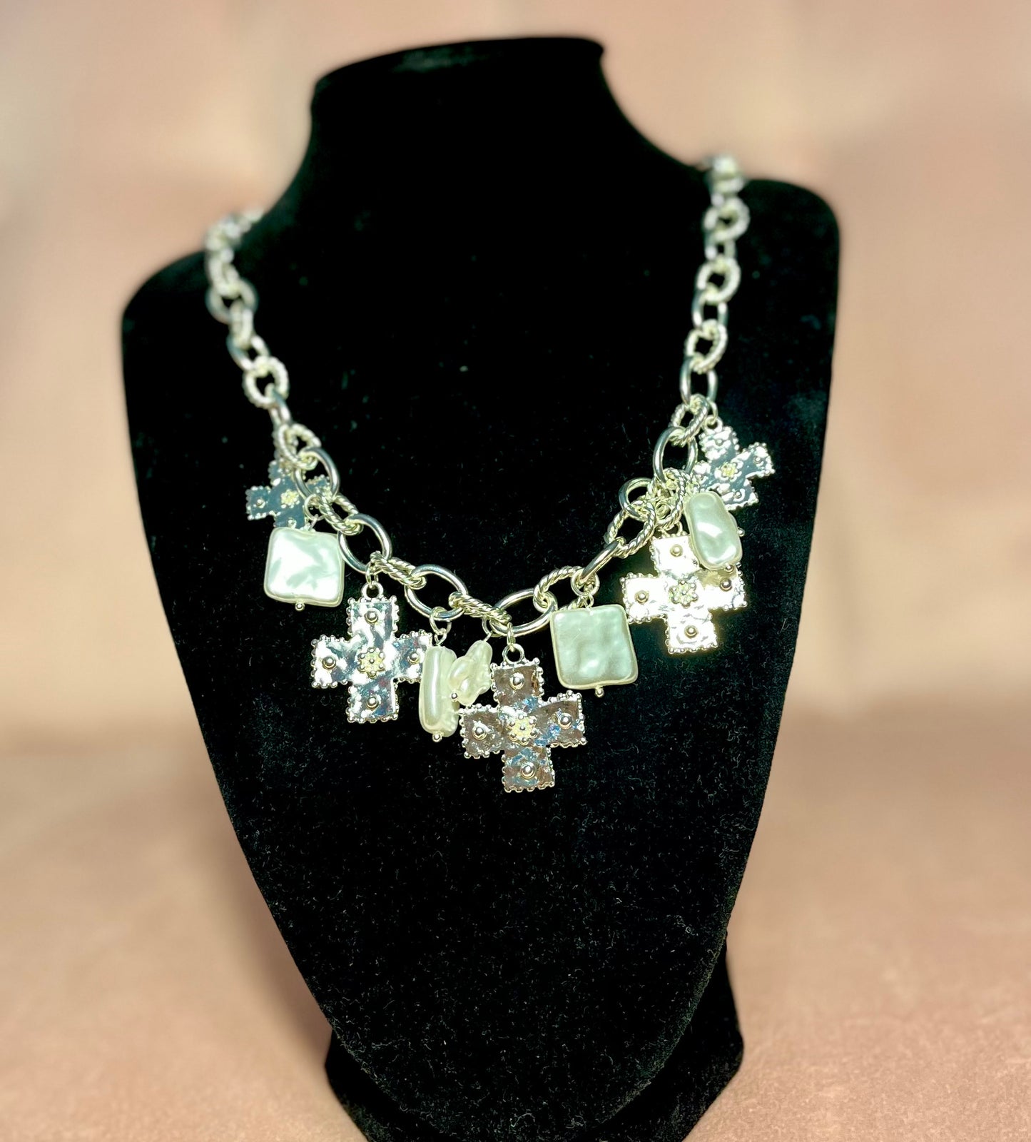 Cross & Freshwater Pearl Charm Necklace (Gold & Silver)