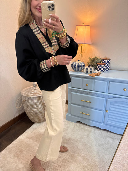 Black Scuba Plaid Detail Front Top