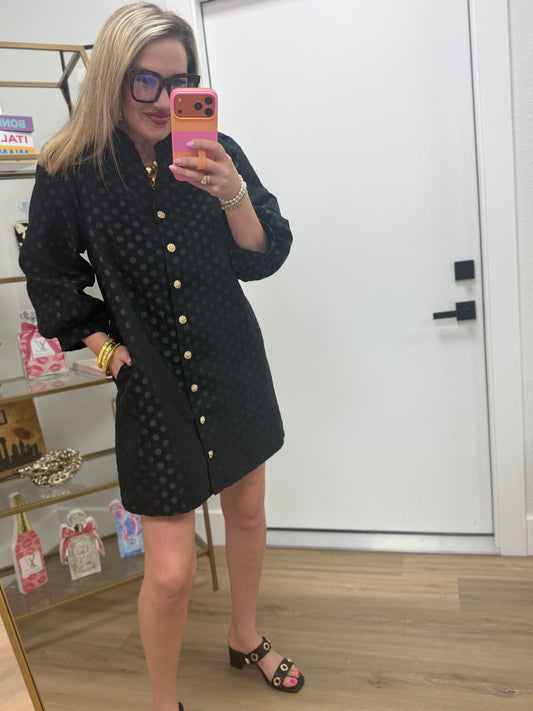 Black Button Down Metallic Polka Dot Dress