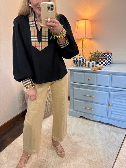 Black Scuba Plaid Detail Front Top