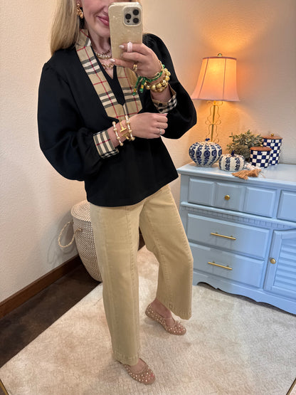 Black Scuba Plaid Detail Front Top